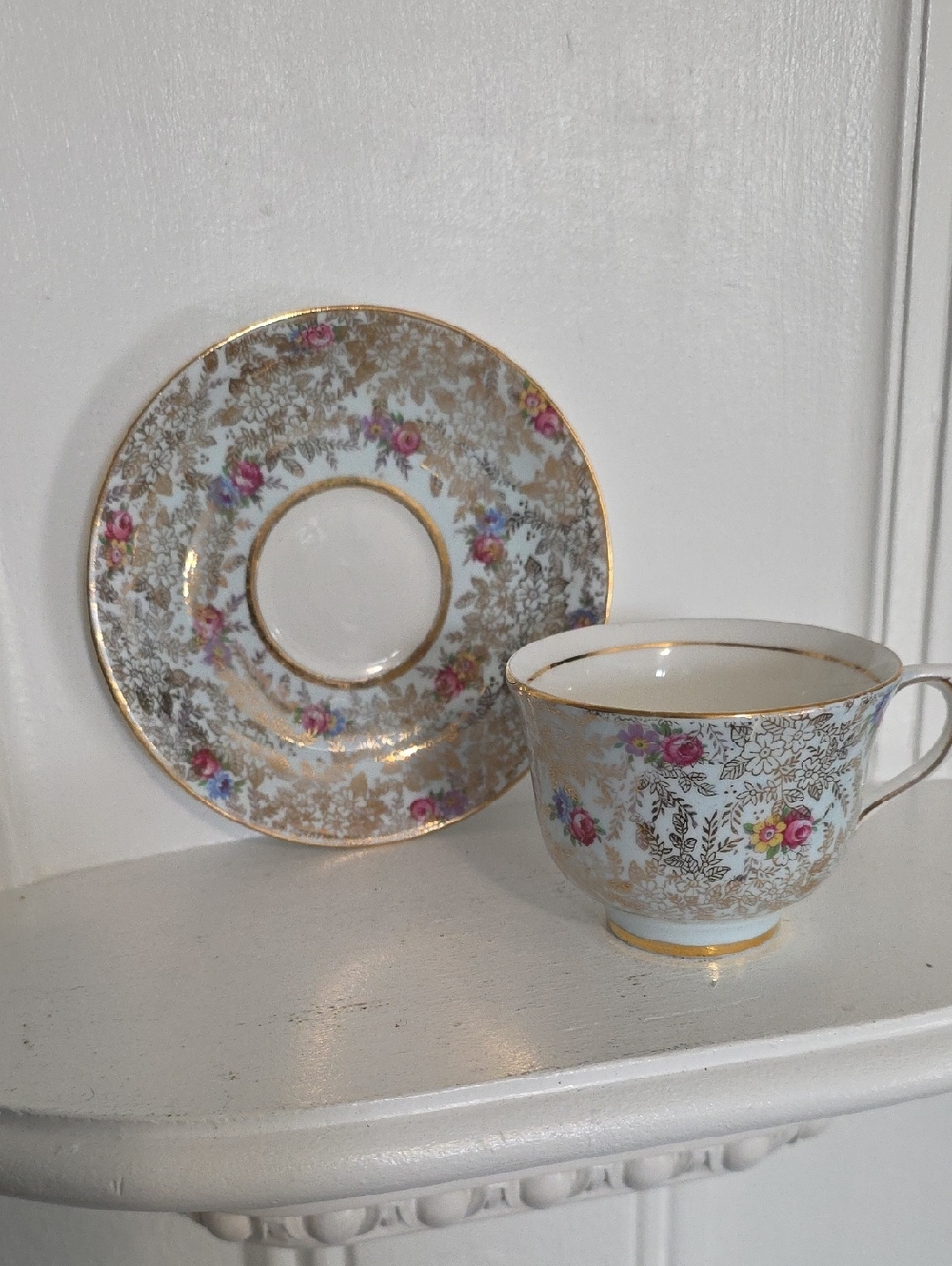 vintage Colclough bone china tea cup and saucer set featuring a chintz floral